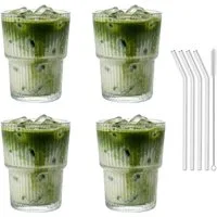 mixed24 Gläser-Set 4er Set Geriffelte Gläser 350ml inkl. Glashalm, ideal für Iced Matcha Latte, Latte Macchiato, Cocktails, Smoothies