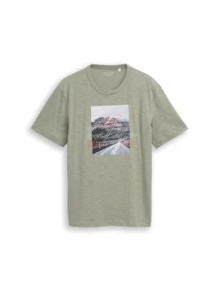 Tom Tailor - T-Shirt in Melange-Optik mit Fotoprint greyish shadow olive - Gr. - XL