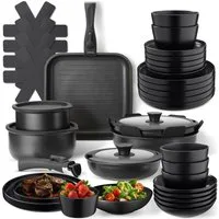 tectake Kochbesteck-Set Küchenstarterset aus Steingut mit Glasur, hitzebeständig und (Geschirrset Una/Parma, 41-tlg., in schwarz), rostfreies Aluminium mit Antihaftbeschichtung, induktionsgeeignet