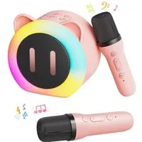 wohnTRAUM24 Mikrofon Mini Bluetooth Karaoke Maschine mit 2 Drahtlosen Mikrofonen, Tragbare Bluetooth Lautsprecher Box, Jungen Mädchen Geschenke