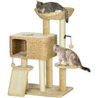 PawHut Kratzbaum Katzenbaum mit 2 Leigefläche Katzenmöbel Wasserhyazinthe, Sisal, Beige, Wasserhyazinthe, Sisal, Beige, 60 x 40 x 98 cm