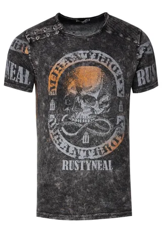 Verwaschenes T-Shirt mit Seitlicher-Knopfleiste und Skull Print
