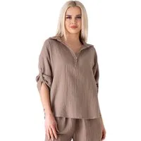 WENOR Schlupfbluse Damen Musselin 100% Baumwolle – Oversize Sommerbluse One Size mit Kokosknopf, Krempelärmel & Seitentaschen – Naturmaterial