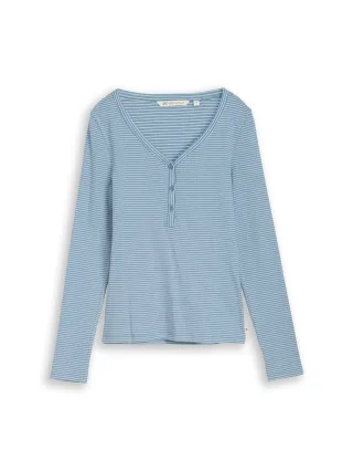 Denim Tom Tailor - Slim Fit Henley Langarmshirt mit Streifenmuster mid blue white stripe - Gr. - S