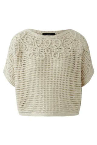 Oui - Kurzarm-Strickpullover mit Lochmuster und Stickerei beige - Gr. - 38