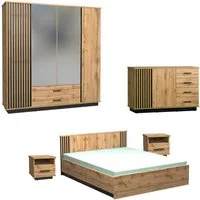 Deine Möbel 24 Komplettschlafzimmer LAMI D Schlafzimmer Möbelset in Wotan Eiche / Schwarz / Lamellen, (Modernes Design, Scandi, Industrial, Loft, 5-tlg., Viel Stauraum durch Schubladen, Bettkästen & großzügige Ablageflächen), Bett 160x200 mit Bettkas