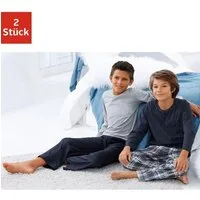 le jogger® Pyjama (Packung, 4 tlg., 2 Stück) Schlafanzug in langer Form, Hose 1x uni und 1x kariert