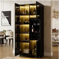 Merax Vitrine mit LED Beleuchtung, Weinregal mit Glasaufhängung (1-St., 60 L x 36 B x 160 H cm) Glasschrank mit Glastüren, Wohnzimmerschrank Hochvitrine mit Stauraum