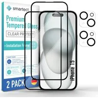 smartect Displayschutzglas Schutzglas Panzerfolie Full Screen 2 + 2 Stück für iPhone 15 für Apple iPhone 15, Set, 2 Stück, Display + Kamera, inkl. Anbringhilfe, Ultra-klar, 9H Härte, Stoßfest