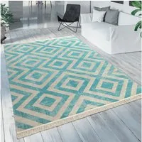 Paco Home Teppich Poco 821, rechteckig, Höhe: 6 mm, Kurzflor, Rauten Design, mit Fransen, In- und Outdoor geeignet