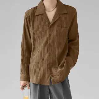 INCERUN Men's Casual Shirt Solid Color Long Sleeve Lapel Collar Button-Down Daily Shirt with Single Color Stripes, Loose