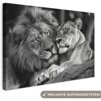 OneMillionCanvasses® Leinwandbild Löwen - Tiere - Schwarz - Weiß - Löwe, Fotodruck (1 St), Leinwand Bilder Klein, Wand Dekoration Aesthetic 30x20 cm