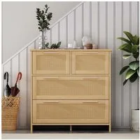 BBWL Sideboard Rattankommode 80x80x38 cm mit 4 Schubladen, Massivholzgriffen (Moderner Schubladenschrank aus MDF & Rattan für Schlafzimmer, Wohnzimmer, Flur, Esszimmer – Kippsicherung & viel Stauraum – Pflegeleicht & vielseitig einsetzbar)