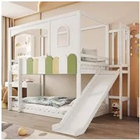 Merax Hochbett mit Hausrahmen, Fenstern & bunter Geländeroptik (Etagenbett Jugendbett, 1-St) Kiefernholz Kinderbett 90x200cm mit Rutsche und Sicherheitsleiter