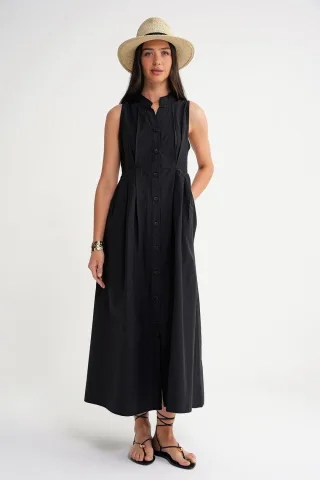 Geknöpfter Tippet-Kragen-Maxi-Kleid
