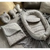 Loolay Bettnestchen MINKY/ Baumwolle BABYNEST Babykokon Geschenk Babyausstattung SETS, (MUSTER: Sterne GRAU/ MINKY Grau, SOLO oder im SETS, 5-tlg., PREMIUM BABYGESCHENK Neugeborene Nestchen, Babynestchen, Reisebett), LOOLAY® - 100% Europäische Stoffe