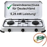 BlueCraft Gaskocher 3 flammig 50mbar Propan Gas Campingkocher 5,25 kW Gas-Kochfeld Gasherd, (mit Schlauch 100 cm und Gas Regler Druckminderer), Camping Gas Kocher 3 flammen für Gasflasche