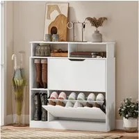 HOMCOM Schuhkipper mit 2 Klappen, Verstellbar Trennwand, offenem Fach (Schuhschrank, 1 St., Schuhregal), für Flur, Eingang 89 x 25 x 92 cm Weiß