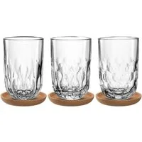 LEONARDO Gläser-Set Latte Macchiato-Set GOCCE, 380 ml, 6-teilig, 6-tlg., Glas, 3 Gläser mit unterschiedlichem Tropfenrelief, inkl. Kork-Untersetzer