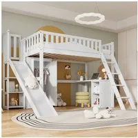 Merax Hochbett (Kieferholz Etagenbett Jugendbett Einzelbett mit Fallschutzgitter, 1-St) Kinderbett 90x200cm mit Schreibtisch Rutsche Kleiderschrank & Regalen