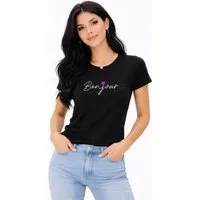 Banco T-Shirt Bonjour Print Shirt Rundhals Sommershirt Kurzarm Damen Baumwollshirt Bonjour Print Rundhals Kurzarm Casual Fit soft neu