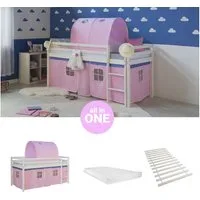 Homestyle4u Hochbett 90x200 Kinderbett mit Leiter und Vorhang Weiß Rosa Holz Treppe Kinder (Komplett-Set mit Lattenrost, mit Tunnel, Matratze mit OEKO-TEX® Standard 100) Kiefer, Jungen Mädchen