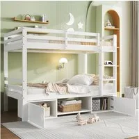 Flieks Etagenbett, Massivholz Kinderbett Schuhregale/Stauraumfächer/Umwandelbar 90x200cm