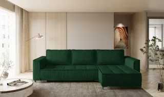 Ecksofa Schlafsofa Sofa JUNA Stoff Terra Flaschengrün Ottomane Rechts