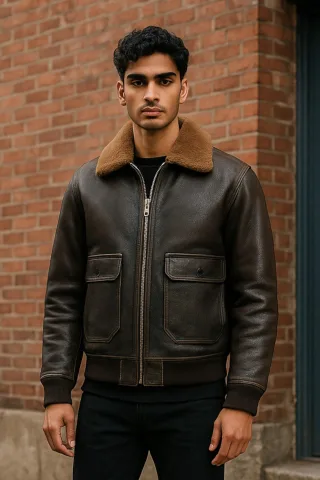 Herren-Bomberjacke aus braunem Leder mit Schaffellkragen G-1 Pilotenjacke - Harbor