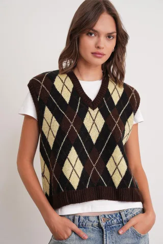 V-Ausschnitt Strickpullover Vest mit Argyle-Muster