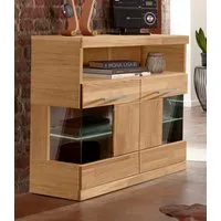 OTTO home Kommode Ribe 85cm breit,35 cm tief, Fronten Massivholz,2 Türen mit Glaseinsatz, Holz massiv, Holzwerkstoff,3 breite Fächer