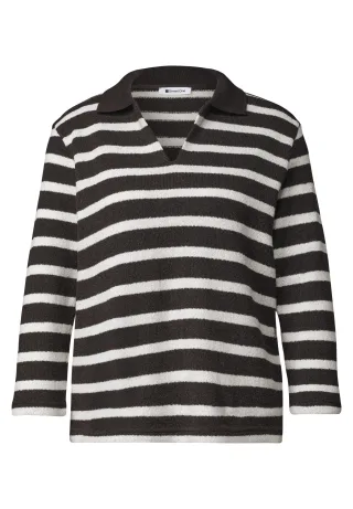 Street One - 3/4-Arm Poloshirt mit Streifenmuster black coffee - Gr. - 36