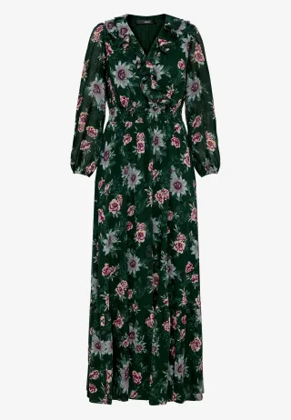 zero - Maxikleid langarm mit Blumen dark green/pink - Gr. - 34