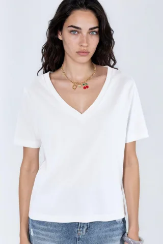 V-Ausschnitt Unifarben Regular Fit Baumwoll-T-Shirt