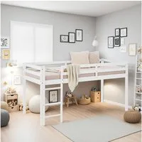 Homestyle4u Hochbett 90x200 Kinderbett Rausfallschutz Grau/Weiß Kinder Leiter Treppe (Komplett-Set mit Lattenrost, Matratze mit OEKO-TEX® Standard 100) Kiefer, Jungen Mädchen, ohne Vorhang