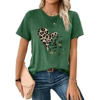 PYLIKE Kurzarmshirt Damen bequemes Sommer Kurzarmbluse Locker Leopardenherz Print-Shirt Bequem für Freizeit und Büro