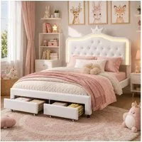 Simurq Kinderbett 140x200cm Polsterbett Für Mädchen Mit LED, Kronenform Und Schubladen (Set, Ohne Matratze), Prinzessinnenbett Gepolstertes Bett, PU, mit gepolstertem Kopfteil
