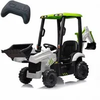 GarveeMore Elektro-Kinderauto 4-in-1 Kinder Elektrofahrzeug 12V, Elektrischer Traktor, Mit Bagger & Frontlader, Hupe, Abnehmbares Dach
