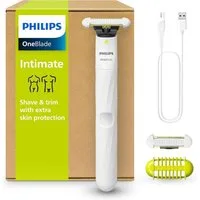 Philips Elektrorasierer Philips OneBlade Intimate Elektrischer Intimrasierer QP1924/30, SkinProtect Klingensystem, 3 mm Körperkamm, wasserdicht (IPX7), wiederaufladbarer Ni-MH Akku, Aufsätze: 3, SmartClick-Präzisionstrimmer, mit extra Hautschutz, Ski