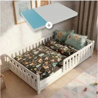 Juskys Kinderbett Naya, 120x200 cm Bodenbett, Holz, mit Matratze, Rausfallschutz & Lattenrost