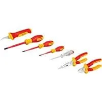VDE Werkzeug-Set gemischt, 7-teilig rot/gelb, Seitenschneider, Spitzzange, 4 Schraubendreher, Abmantelungsmesser