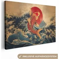 OneMillionCanvasses® Leinwandbild Koi - Meer - Wellen - Sonne, Fotodruck (1 St), Leinwand Bilder Klein, Wand Dekoration Aesthetic 30x20 cm