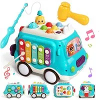 CLTYQ Lernspielzeug Geschenk für Babys von 3 Jahren – Montessori Spielzeug in Busform (Hammerspiel, Angelspiel & Licht), musikalisches & sensorisches Lernspielzeug für Kleinkinder,Geschenk