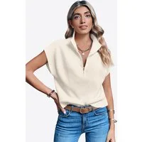 Imily Bela Strickpullover Damen Kurzarm Pullover mit Halbreißverschluss (Packung, 1-tlg., 1per-Pack) hochschließender Kragen