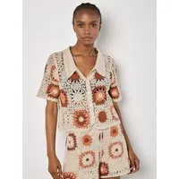 Apricot Spitzenshirt Häkelkragen-Knopf-Top mit Kragen