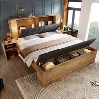 Odikalo Polsterbett Doppelbett 160x200 180x200 mit Nachttische und Bettbank (Holzbett mit klappbarem Kopfteil aus Leinenstoff Stauraum zwei Nachttische Bettbank mit Stauraum Leselampen mit USB Lattenrost Eiche Farbe ohne Matratze)