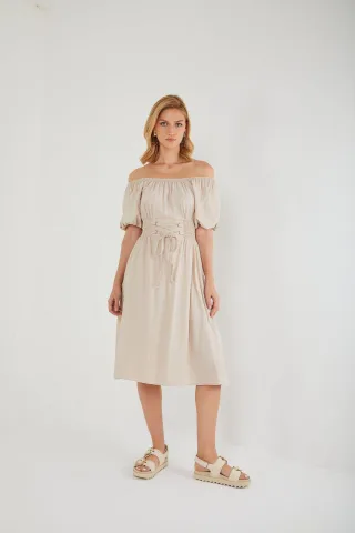 Off-Shoulder Puffärmel-Midikleid mit Schnürung in der Taille