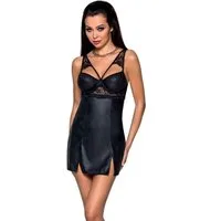 Passion Spitzenkleid Minikleid Loona schwarz Wetlook mit String Latexlook mit Spitze S M L (2-tlg)
