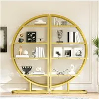 Flieks Bücherregal mit goldfarbenen Metallrahmen & weißen MDF-Einlegeböden, B120/T30/H130 cm 2-tlg., Rundes Standregal mit 8 offenes Regal Lagerregal Hochschrank