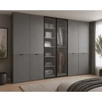 MOEBLO Drehtürenschrank MINEWRA FLUTES 300 (6-türiger Kleiderschrank mit eleganten Glastüren, Moderner Schrank für Schlafzimmer und Garderobe, Robustes Design mit Rillenschliff-Glas und gefrästen Paneelen, Breite: 303 cm, Höhe: 200 cm, Tiefe: 49 cm, 